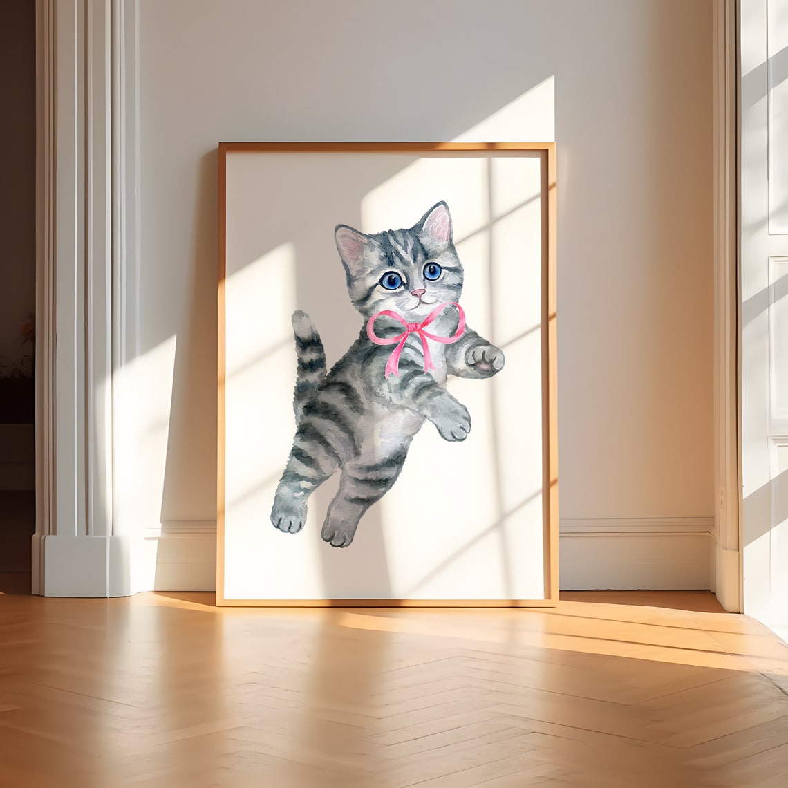 Playful Tabby Kitten with Pink Bow Watercolor Coquette Poster - Image 2