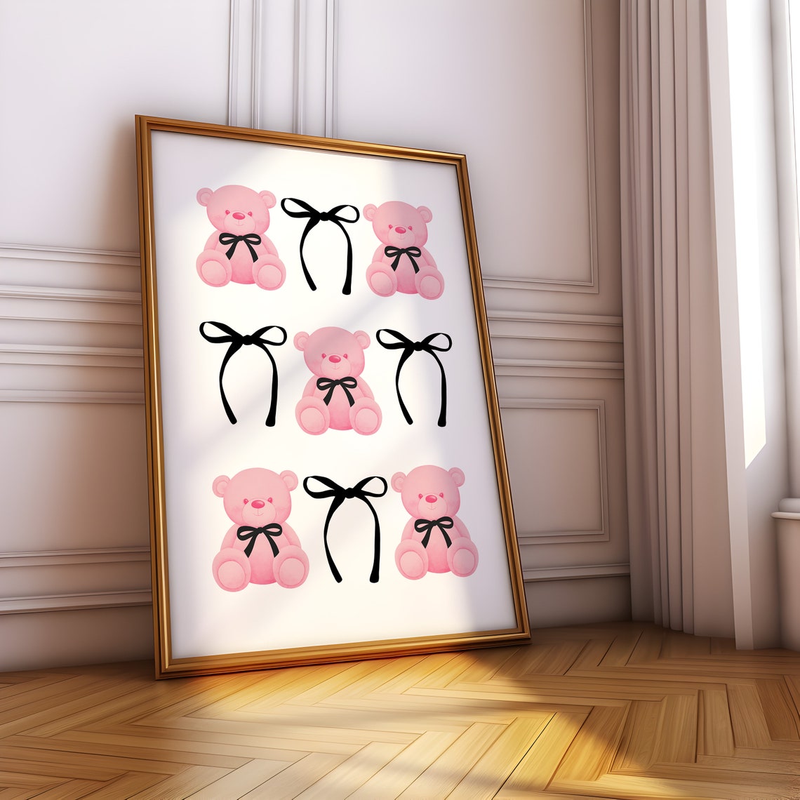 Pink Teddy Bears With Black Bows Coquette Cute Nursery Art Poster - Image 4