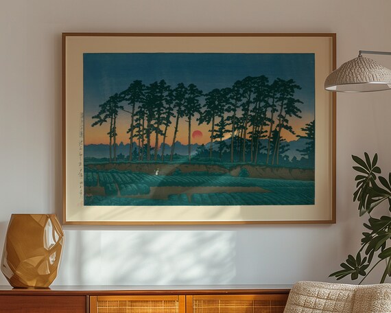 Kawase Hasui Sunset Pine Forest Red Sun Field Vintage Woodblock Art Poster