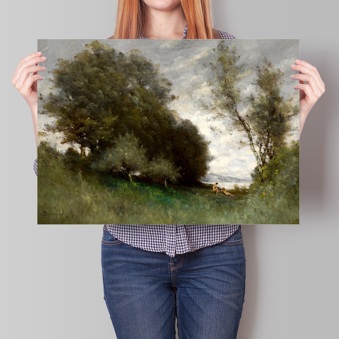 Vintage Oil Painting Tall Trees Lakeside Figures Moody Sky Art Poster - Image 4