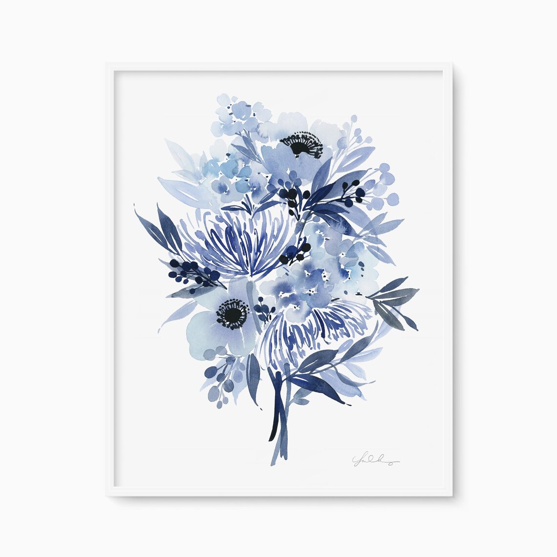 Blue Anemone Watercolor Bouquet Indigo Floral Botanical Wall Poster