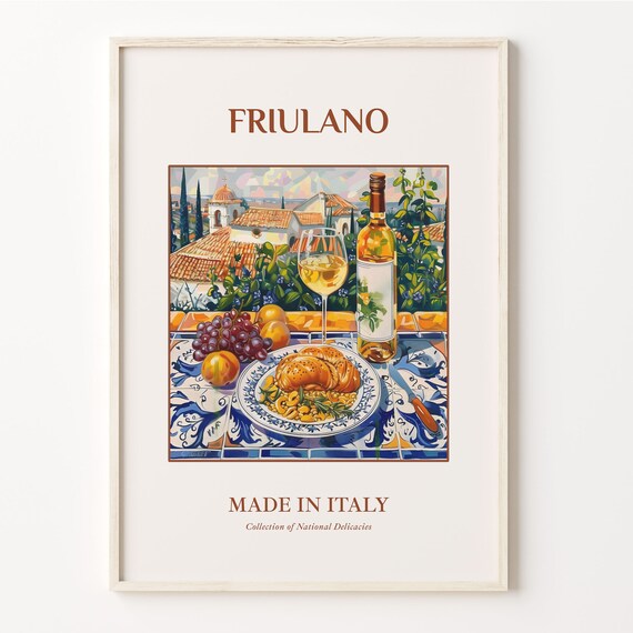 Friulano Italian White Wine Village Table Maiolica Art Poster
