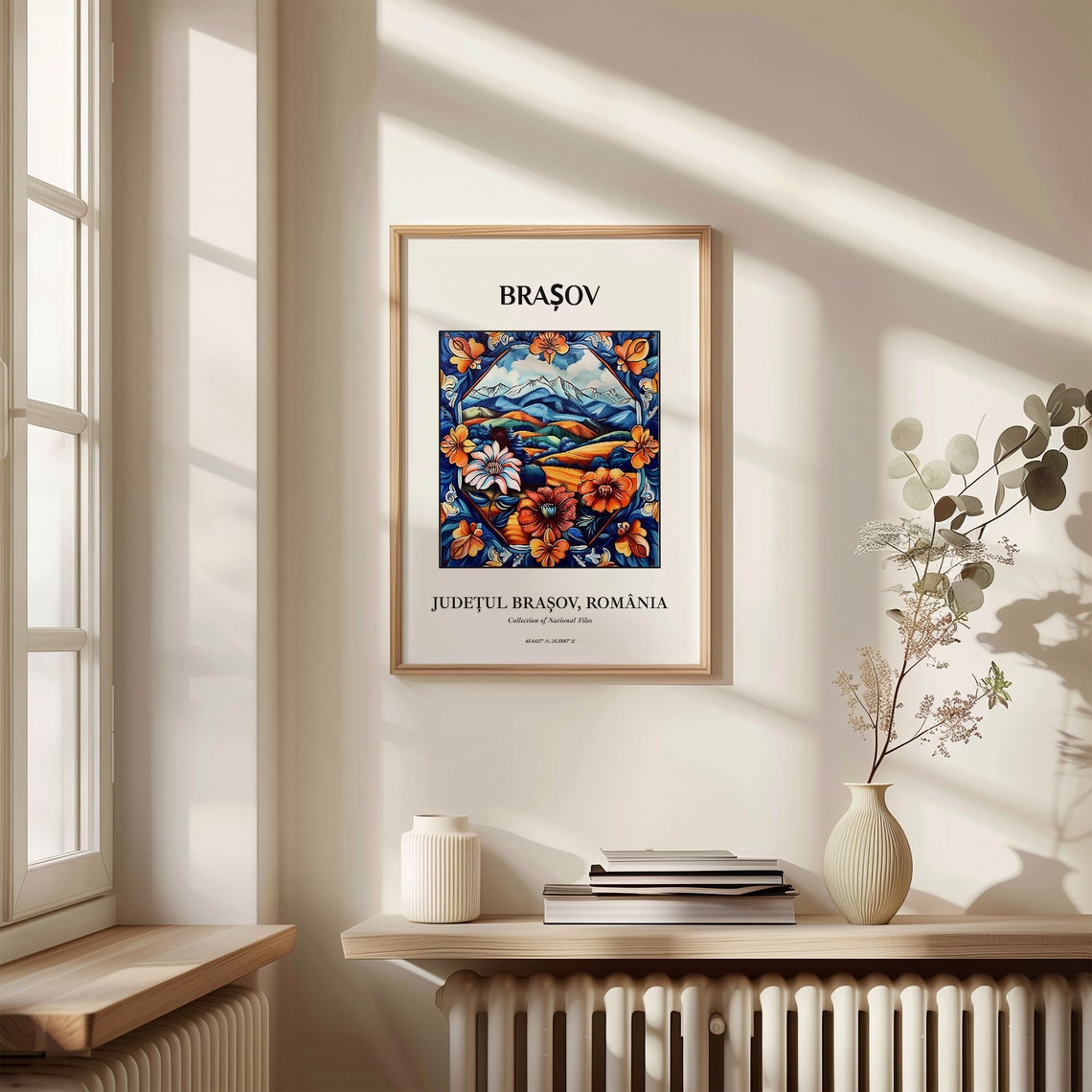Brasov Romania Carpathian Mountain Folk Tile Art Floral Poster - Image 3