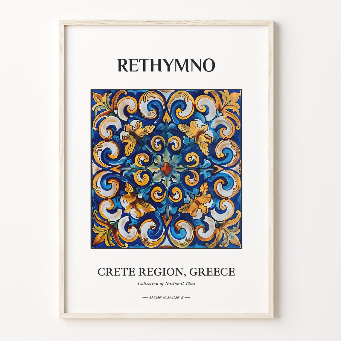 Rethymno Crete Greece Tile Poster with Blue Gold Scroll Motif