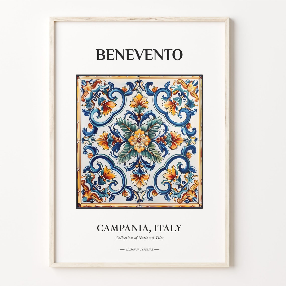 Benevento Campania Italy Blue Orange Blossom Tile Pattern Poster
