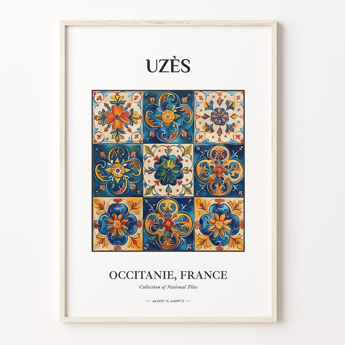 Uzes France Colorful Folk Tile Grid Aesthetic Home Decor Poster