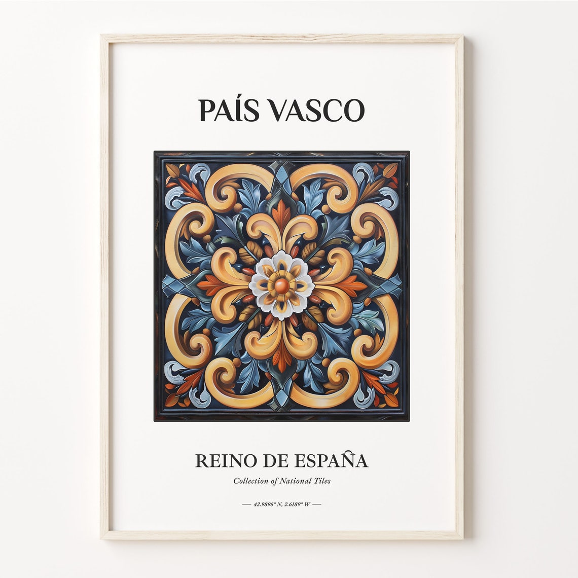 País Vasco Spain Dark Floral Relief Gold Scroll Tile Art Poster
