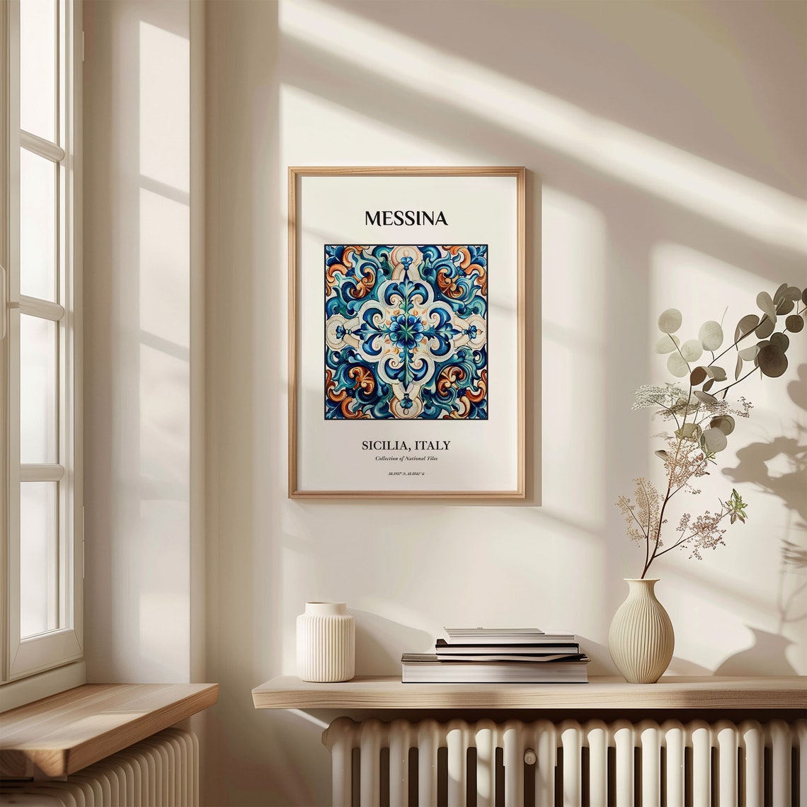 Messina Sicilia Italy Teal Blue Scrollwork Tile Pattern Poster - Image 3