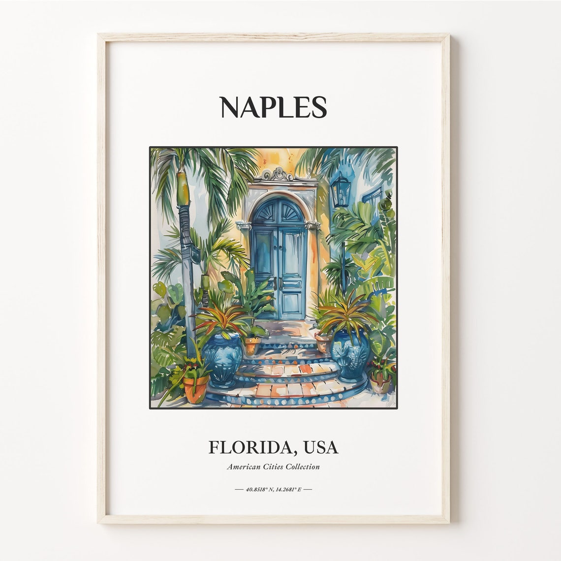 Naples Florida Tropical Courtyard Blue Door Palms Scene Poster