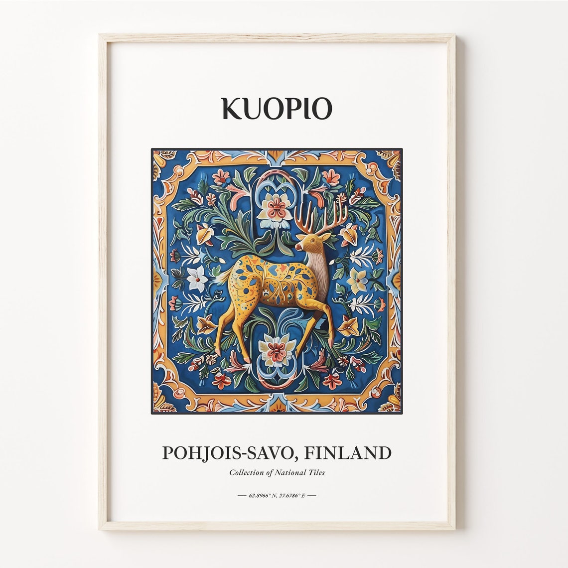 Kuopio Finland Folk Deer Tile Pattern Art Nouveau Style Poster