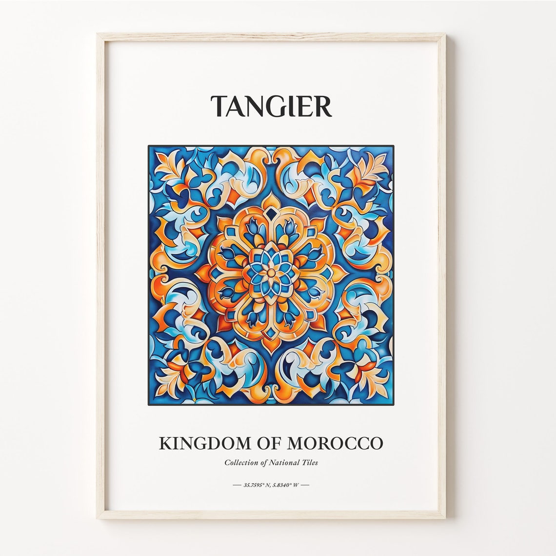 Tangier Morocco Blue Orange Floral Medallion Tile Art Decor Poster