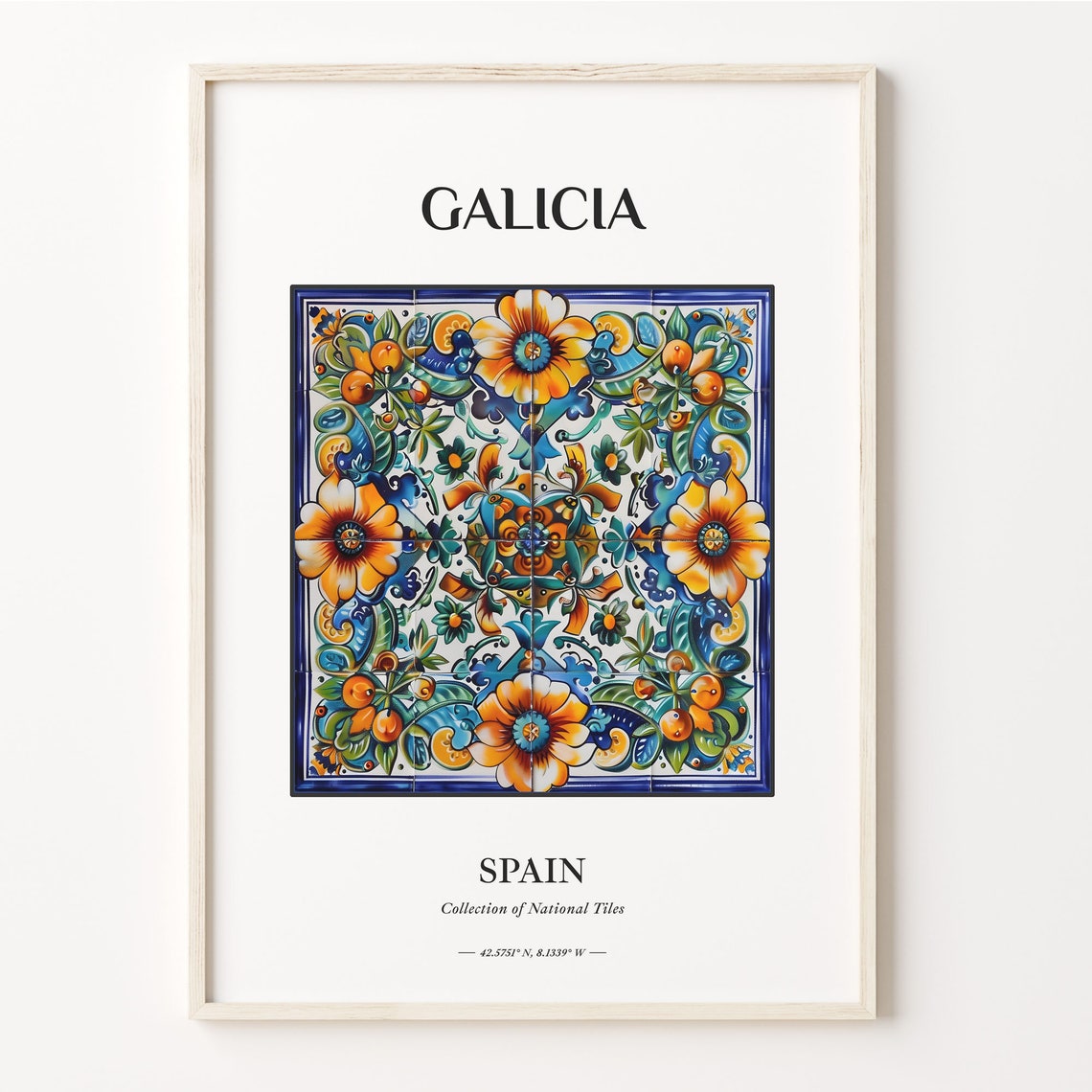 Galicia Spain Floral Traditional Ceramic Tile Pattern Poster