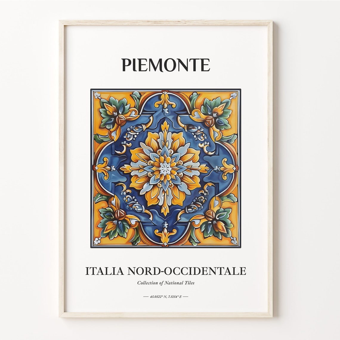 Piemonte Italy Blue Gold Starburst Floral Tile Medallion Poster