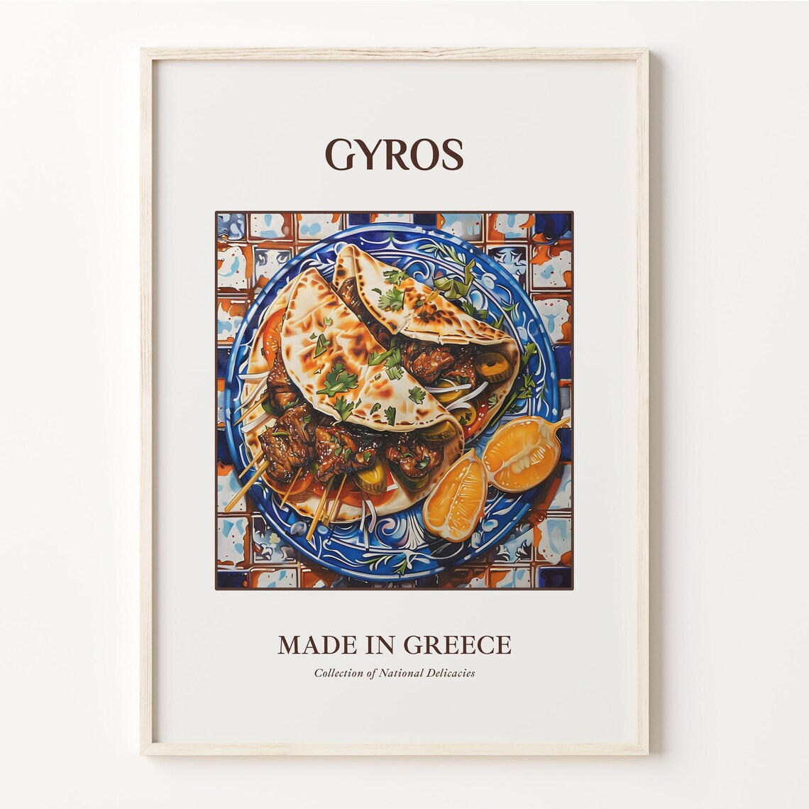 Gyros Greek Pita Grilled Meat Lemon Blue Plate Kitchen Decor Poster