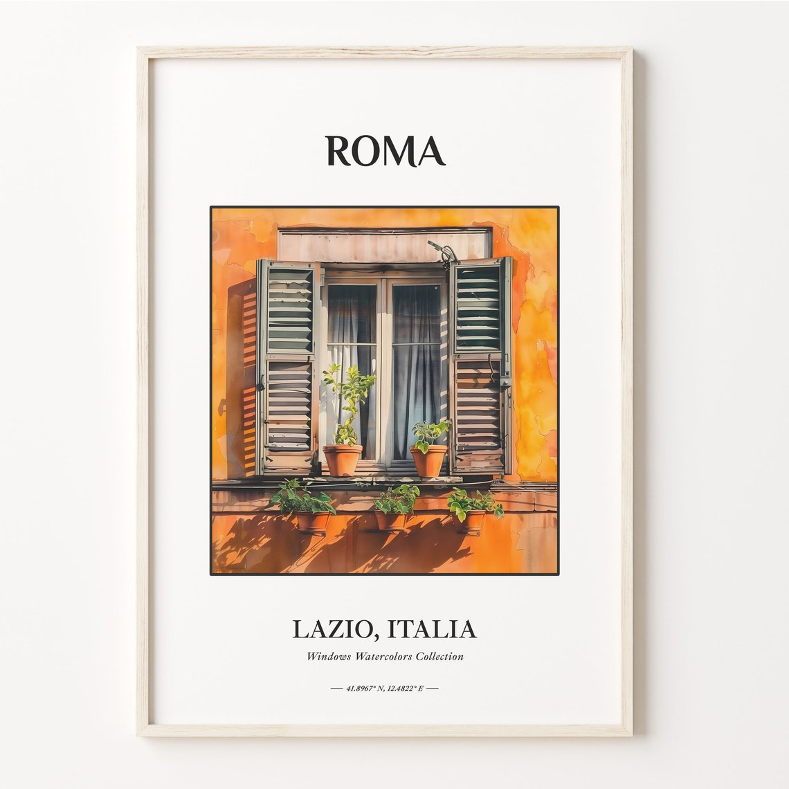 Roma Italy Shuttered Window Orange Wall Watercolor Home Decor Poster