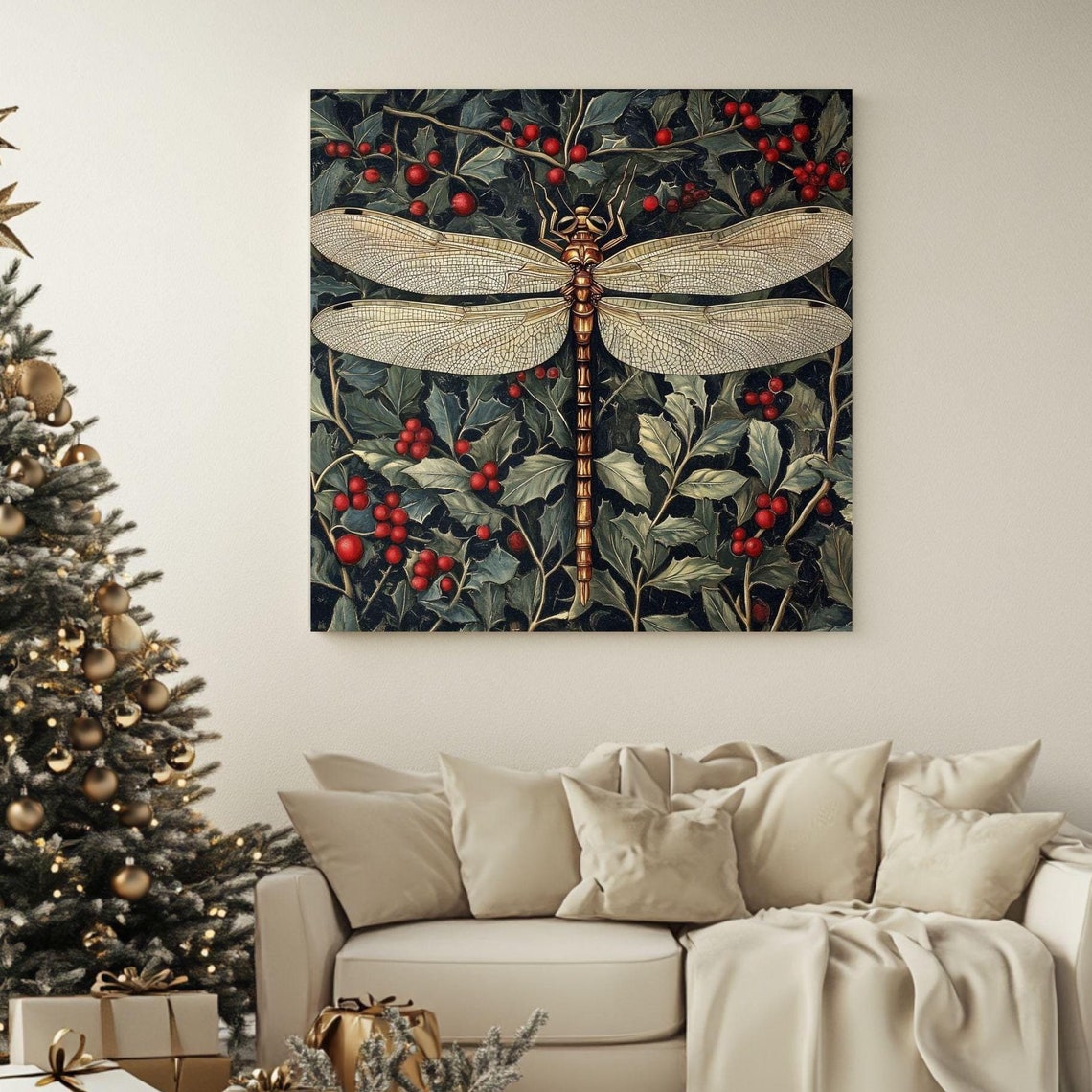 Golden Dragonfly Botanical Dark Berries Morris Style Insect Wall Art