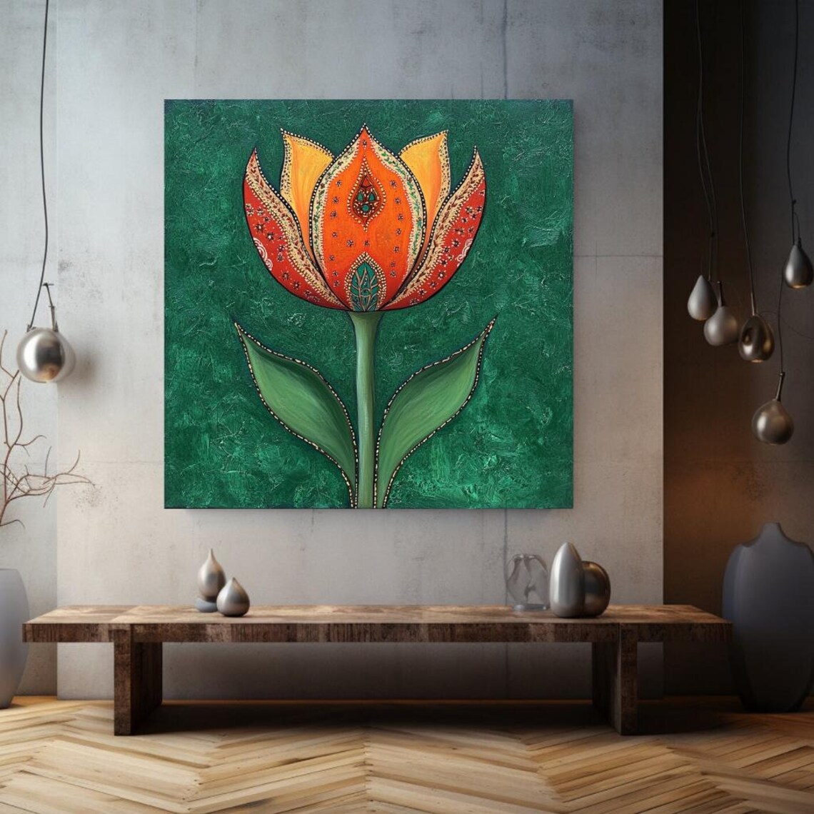Stylized Orange Tulip Folk Art Ornate Petals Green Painting Wall Art