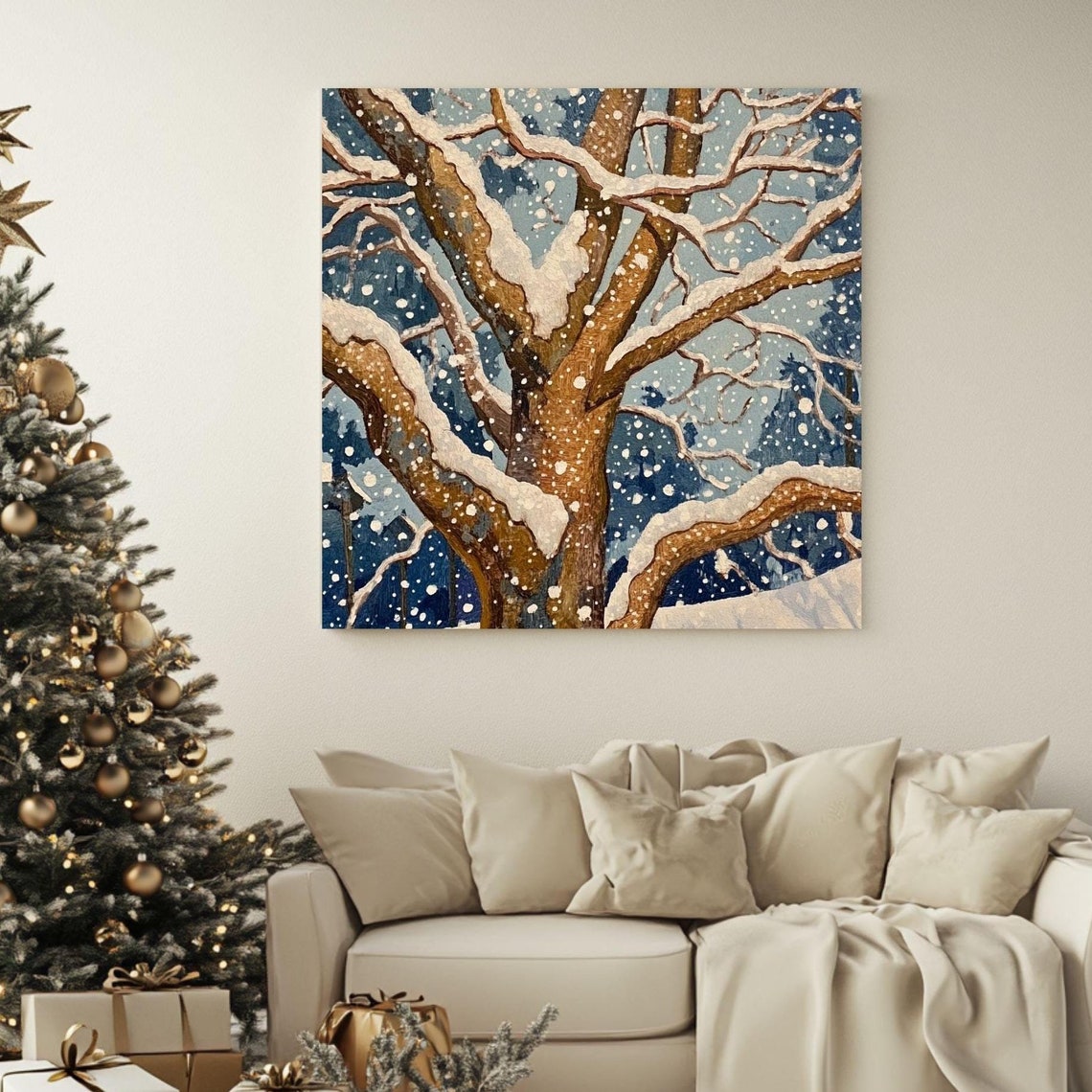Snow Covered Winter Tree Branches Blue Sky Falling Snow Nature Poster
