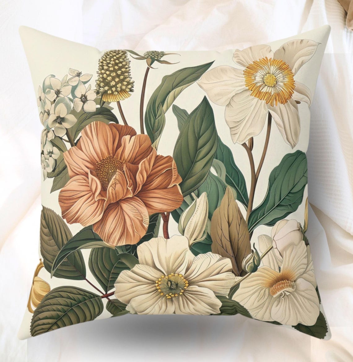 Vintage Floral Botanical Throw Pillow Peach Bloom Cushion Cover