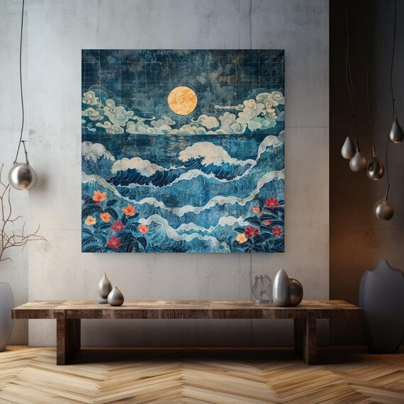 Vintage Japanese Seascape Ocean Waves Golden Moon Floral Art Wall Print