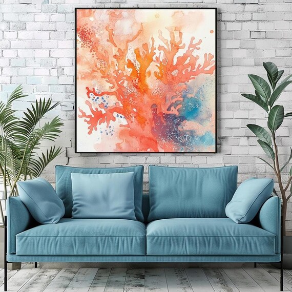 Abstract Orange Coral Reef Wall Art Black Framed Wall Art Large Wall Art Coastal Wall Art Beachy Wall Art Coral