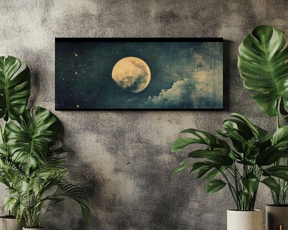 Vintage Moody Celestial Landscape Art Rustic Landscape Wall Decor Vintage Aesthetic Artwork Moonlight Full Moon Wall Art