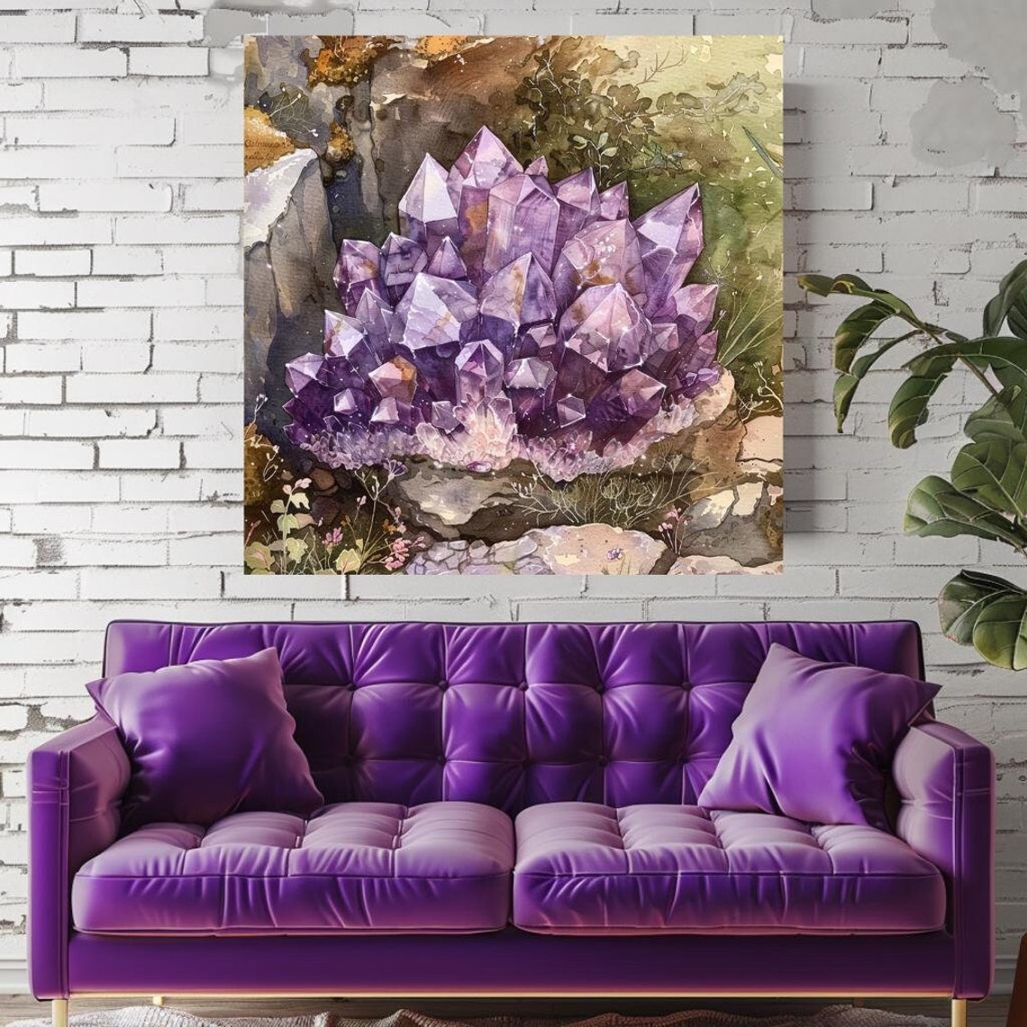 Amethyst Geode Quartz Crystal Cluster Watercolor Purple Gemstone Print