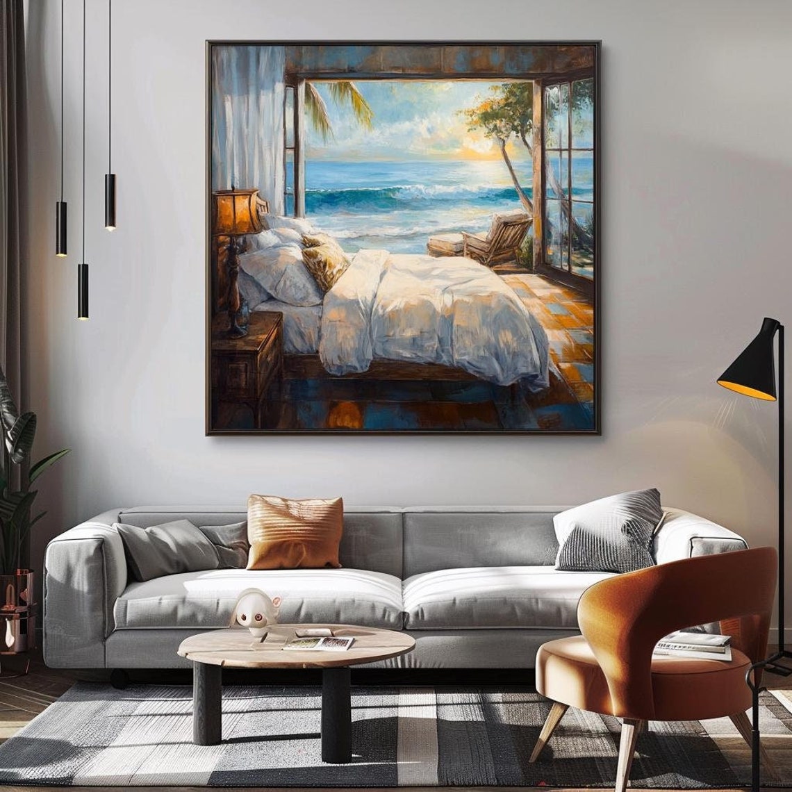 Cozy Bedroom With Open Doors Ocean Waves Sunrise View Coastal Poster