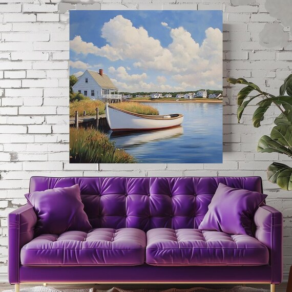 White Rowboat At Harbor Dock Sunny Day Coastal Village Scene Poster