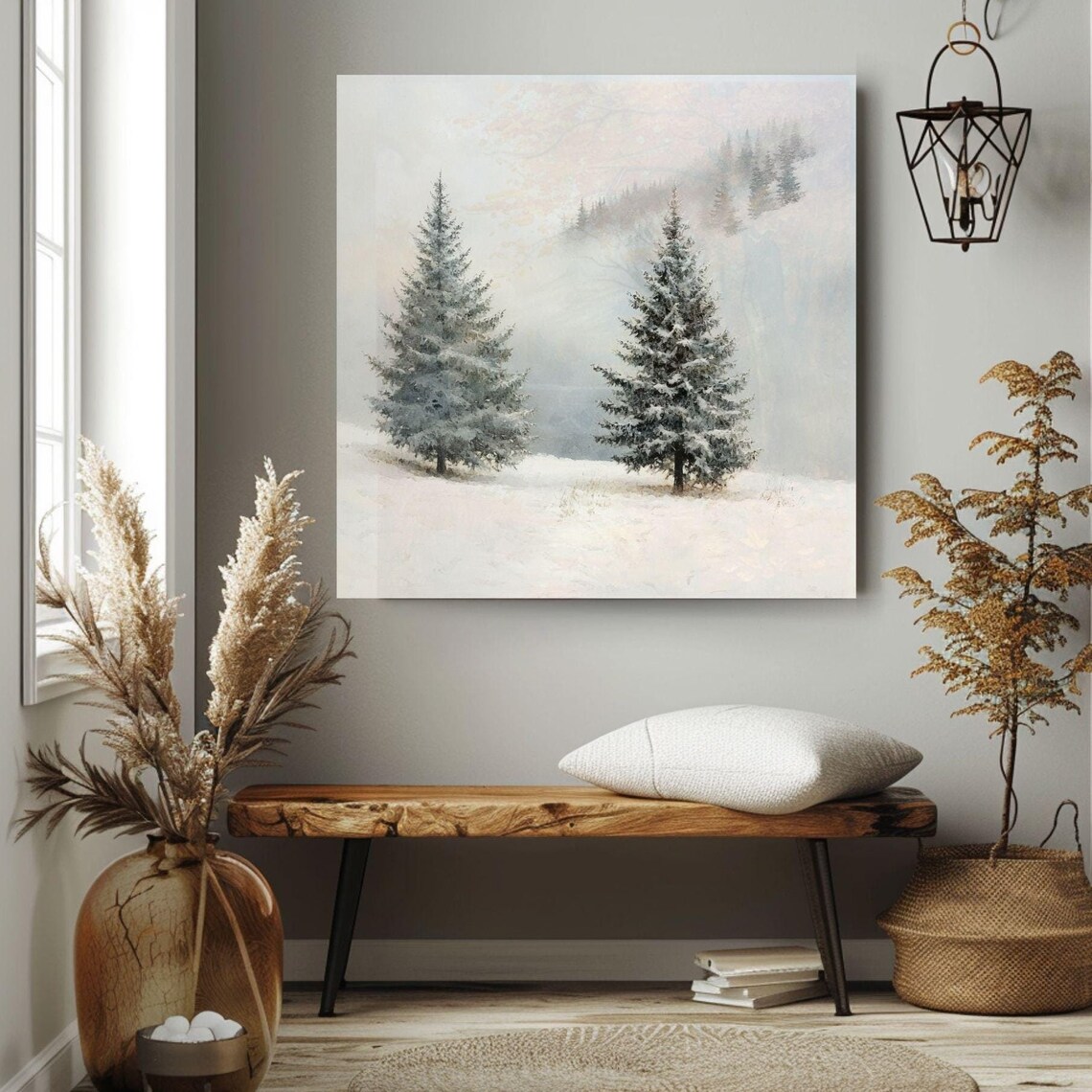 Snowy Pine Trees Misty Winter Woodland Serene Christmas Art Print