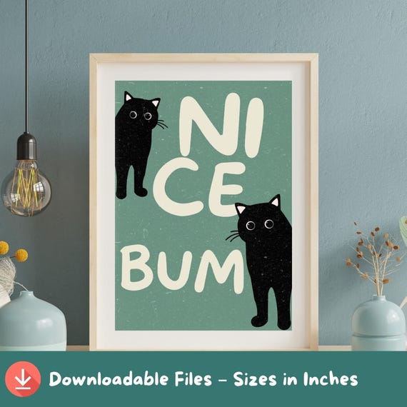 Playful Black Cat Wall Art Cute Funny Bathroom Sign Retro Poster Lover Gift