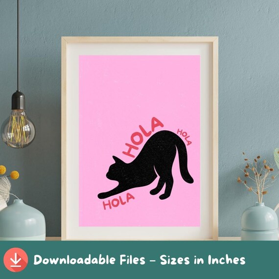 Funny Black Cat Stretching Hola Minimalist Pink Spanish Kitty Poster