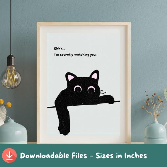 Funny Black Cat Art Print Kawaii Kitty Poster A2a5 Sizes