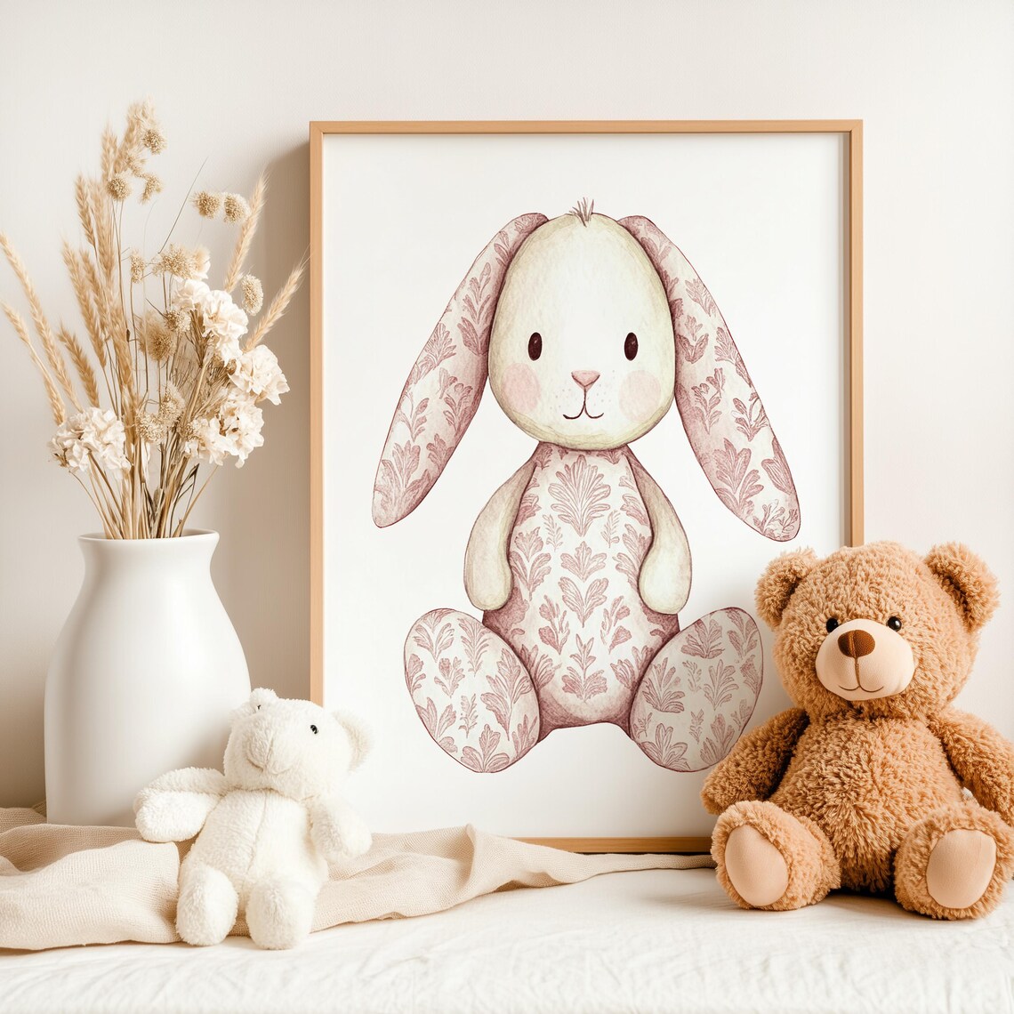 Pink Floral Bunny Watercolor Nursery Baby Girl Room Decor Wall Art - Image 3
