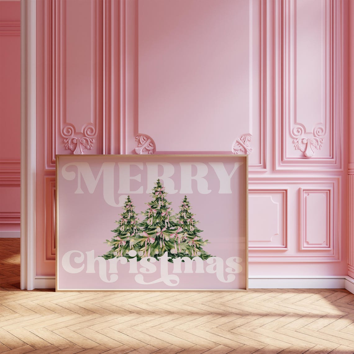 Merry Christmas Pink Retro Lettering Tree Trio Holiday Art Print - Image 2