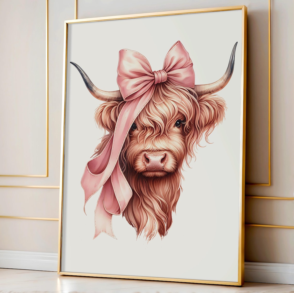 Highland Cow with Pink Bow Cute Coquette Watercolor Art Poster