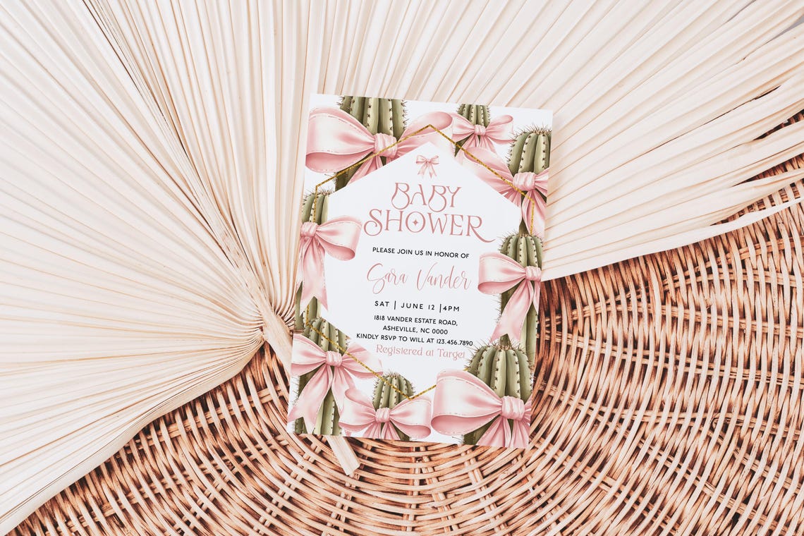 Cactus Pink Bow Baby Shower Invitation Editable Template Print - Image 3