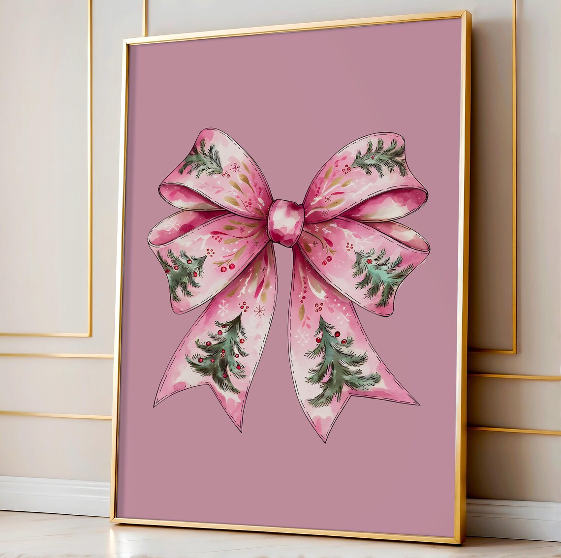 Pink Christmas Tree Ribbon Bow Watercolor Holiday Decor Art Print