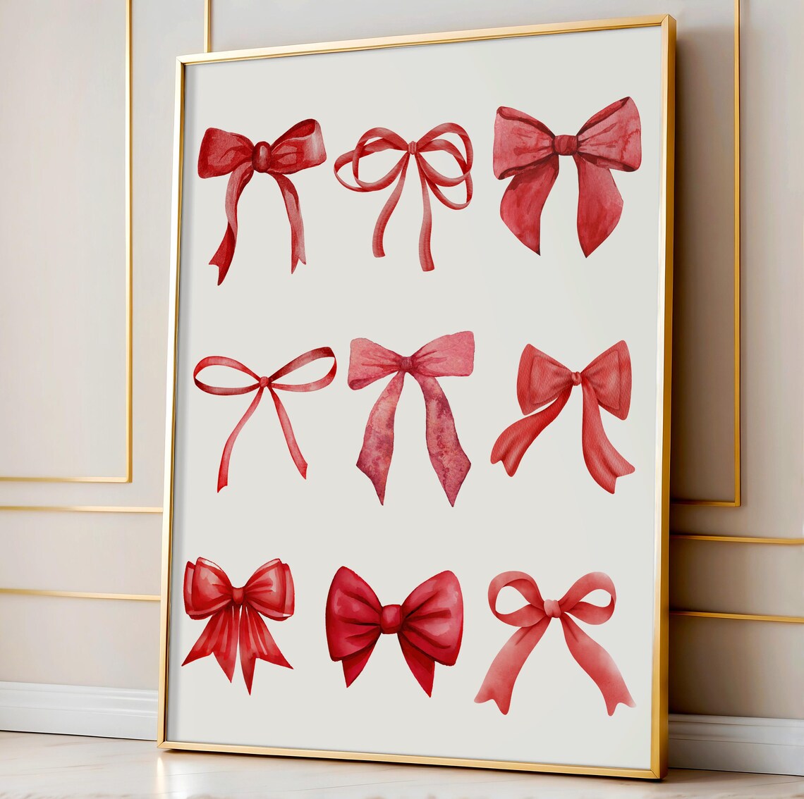 Red Watercolor Ribbon Bows Grid Coquette Girly Nursery Poster