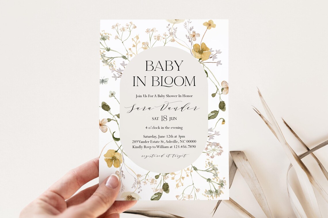 Baby In Bloom Wildflower Baby Shower Invitation Floral Invite Print