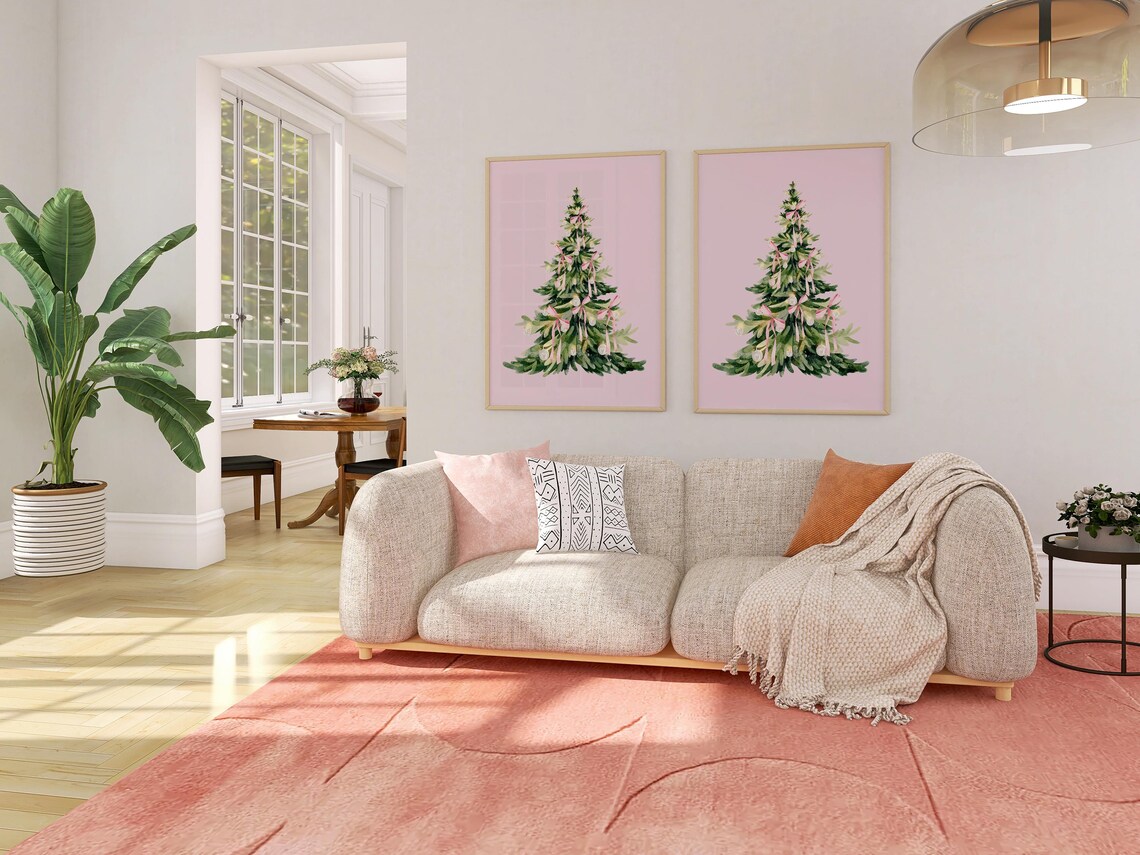 Watercolor Christmas Tree With Pink Bows White Ornaments Blush Poster - Image 2