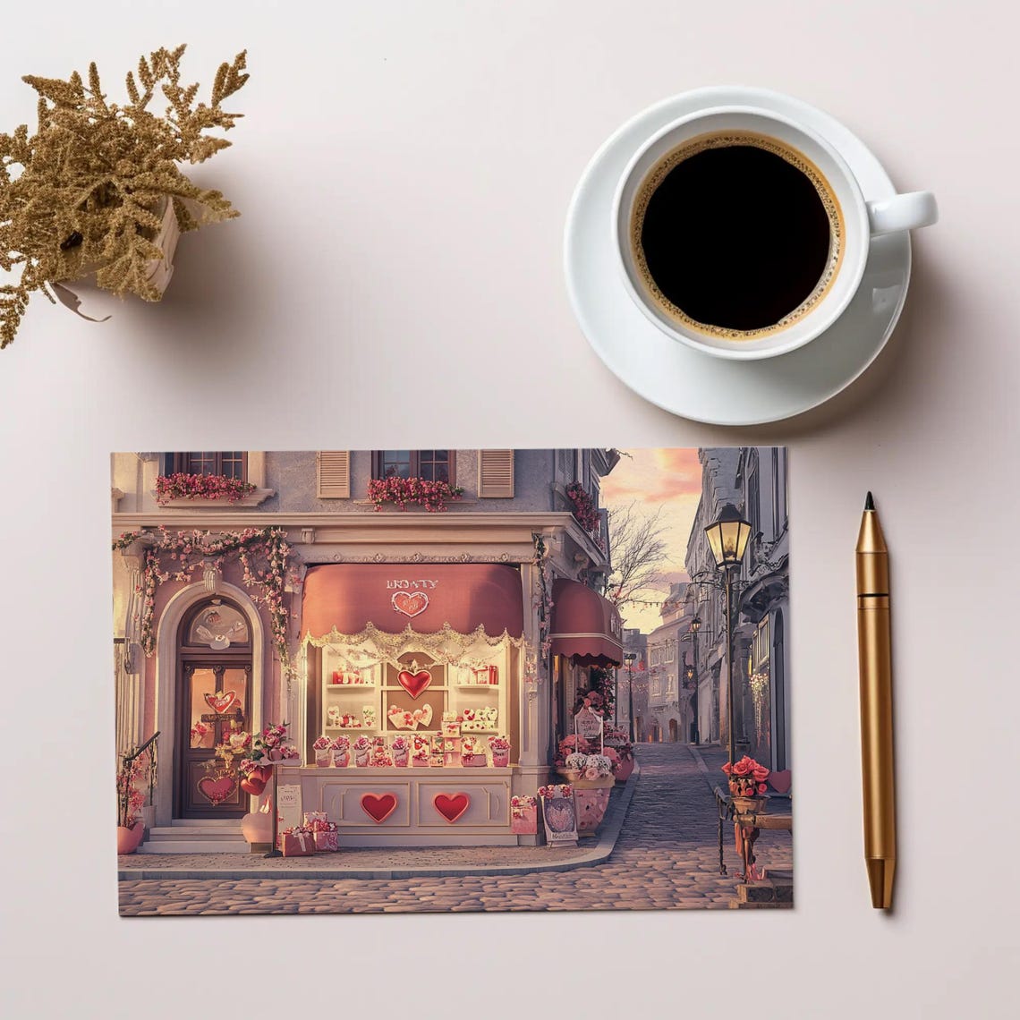 Charming Valentine Gift Shop on Cobblestone Street Hearts Poster - Image 3