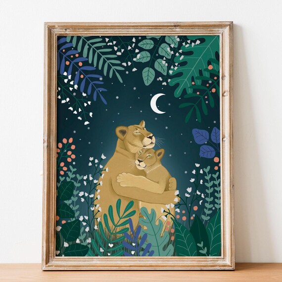 Lioness And Cub Hugging Under Crescent Moon Jungle Nursery Poster