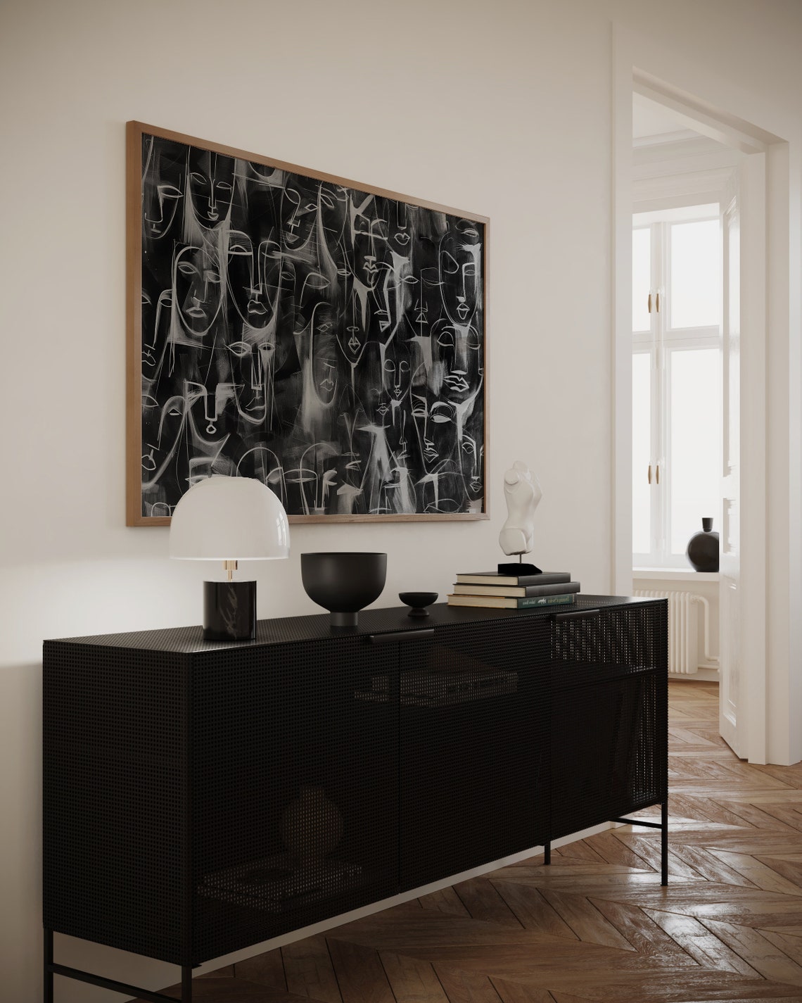 Monochrome Abstract Line Faces Modern Gallery Wall Art Piece - Image 2