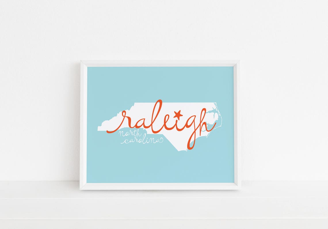 Raleigh Script North Carolina State Silhouette Coastal Art Poster
