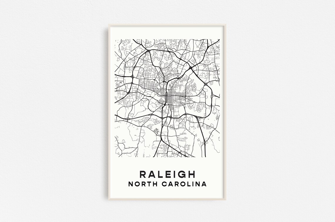 Raleigh North Carolina Black White Street Map Line Art Poster