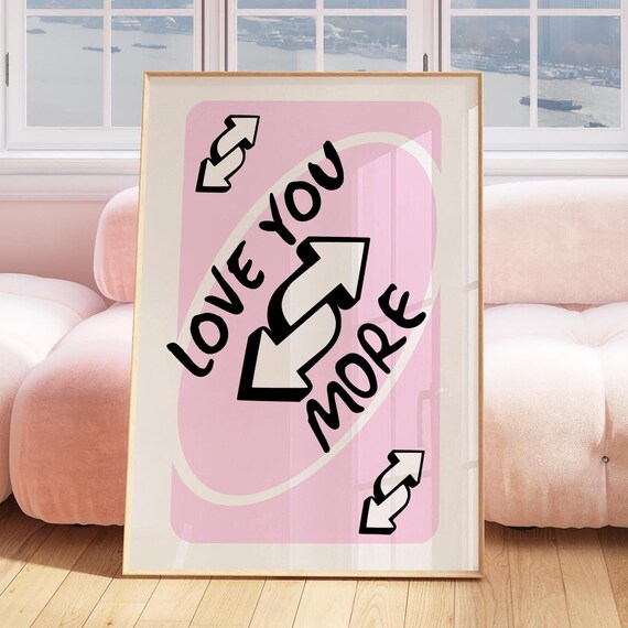 Trendy Love You More Print Light Pink Retro Wall Art Playing Card Poster Girly Vintage Decor
