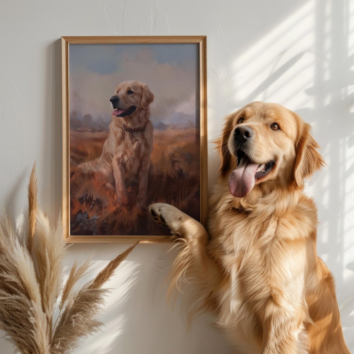 Golden Retriever Rustic Oil Painting Autumn Field Dog Art Print