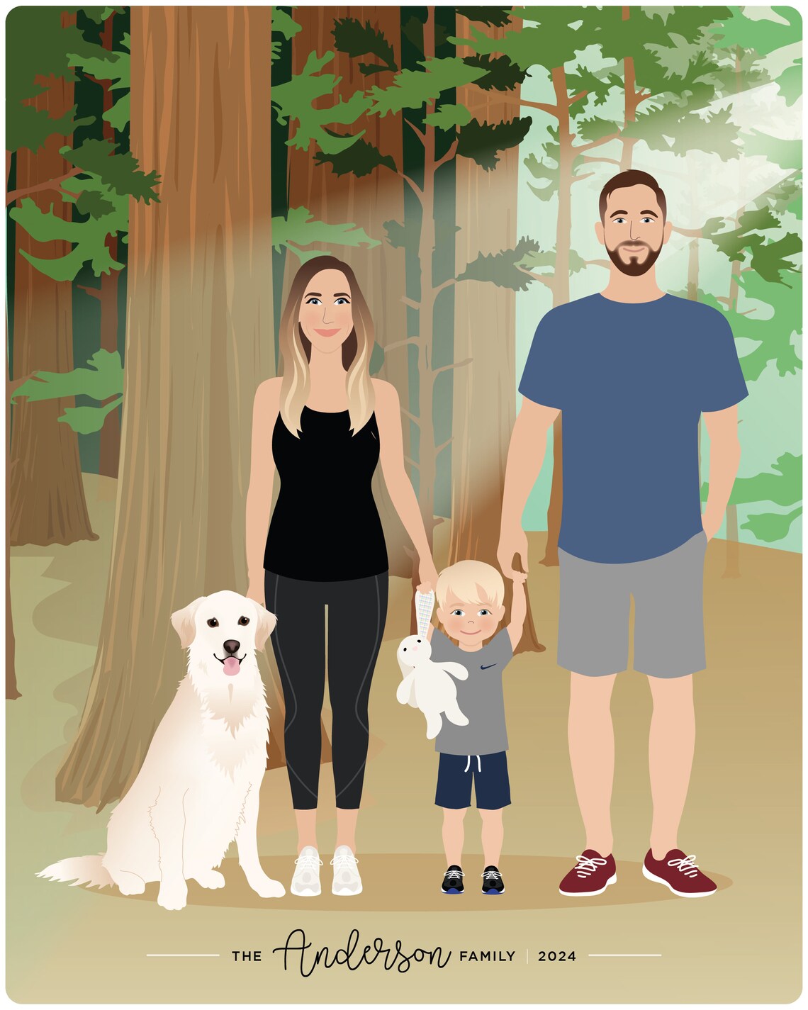 Personalized Family Portrait Illustration, People And Pets
