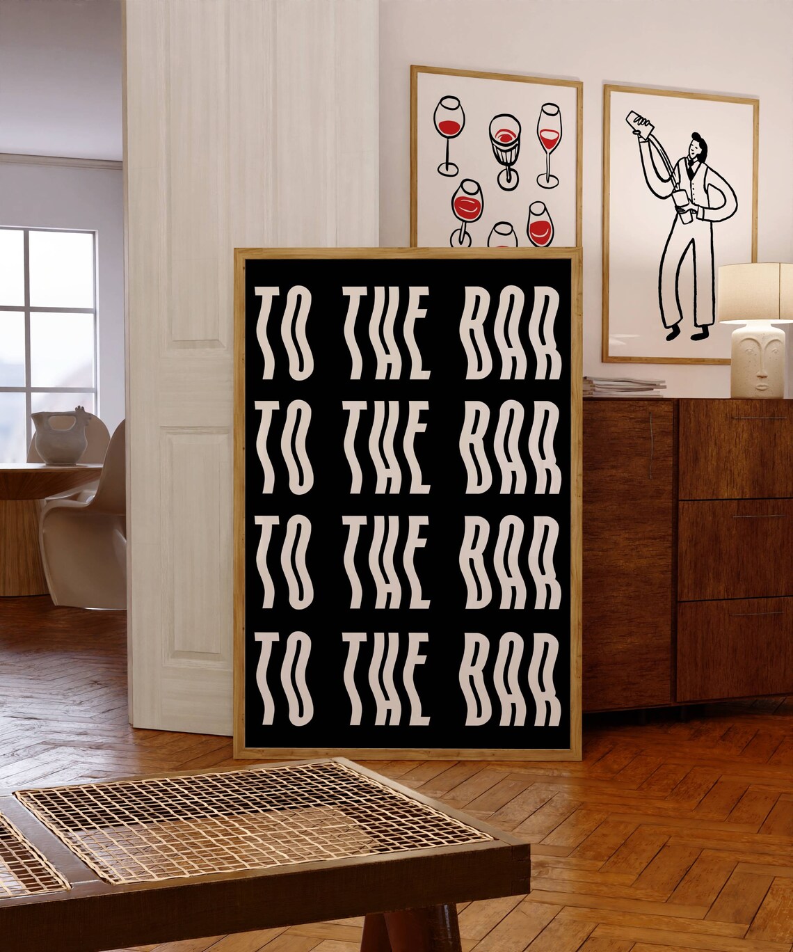 To The Bar Repeated Wavy Retro Type Black And Cream Funny Poster